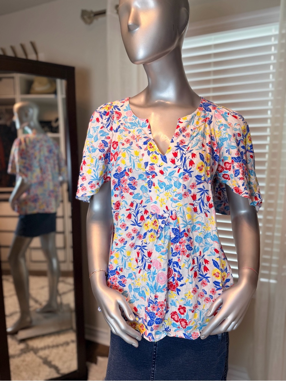 Charter Club Luxury Linen Medium 100% Linen Floral Cottagecore Peasant Blouse M